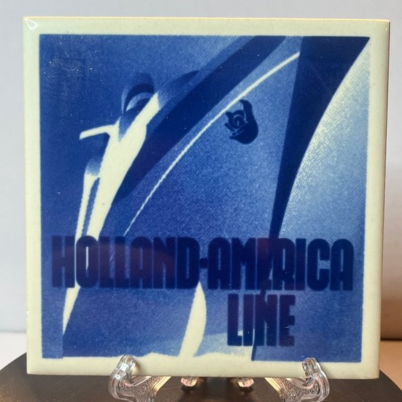 Vintage Holland America Line Blue Delft Tile Coasters Front Bow - Picture 1 of 2